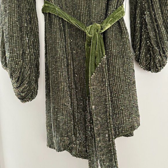 Retrofete Grace Mini Dress Small Army Green Sequins Self-tie Belt Back Keyhole - Picture 4 of 12